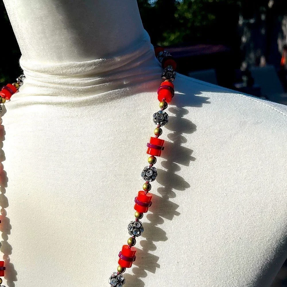 J. Crew Red and Silver Beaded Necklace